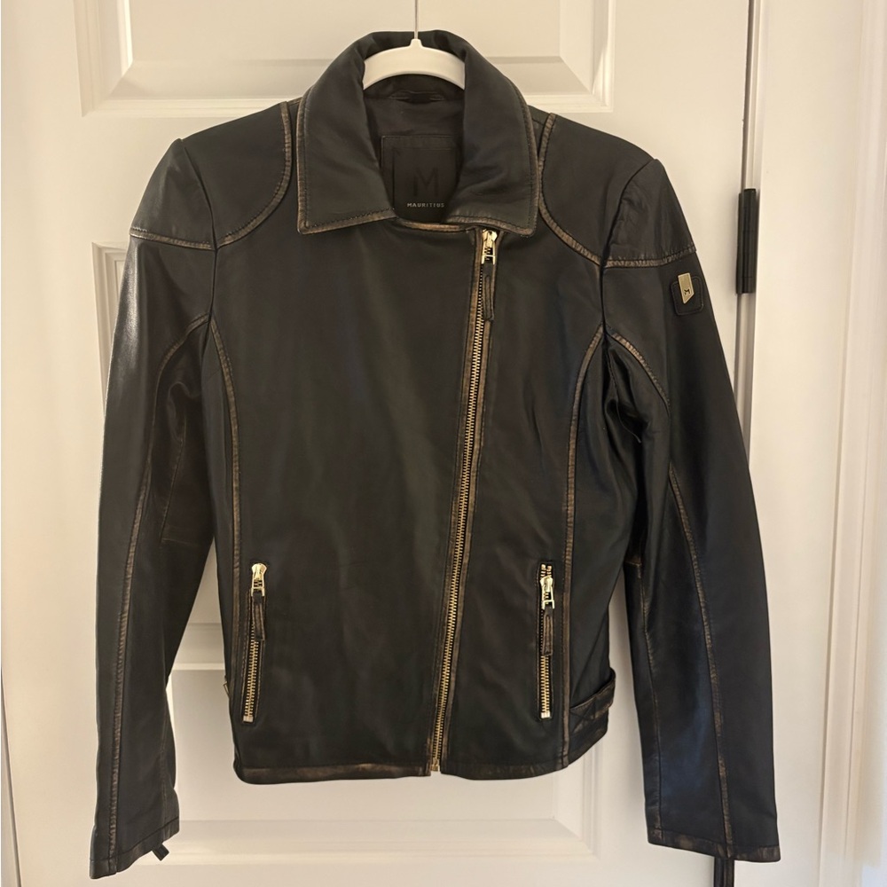 Elegant Black Leather Jacket with Gold Accents